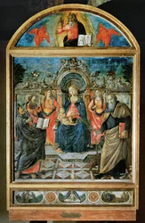 Madonna na tronie, Dzieciątko Jezus, dwa anioły oraz święci Bartłomiej i Antoni Abbas ...