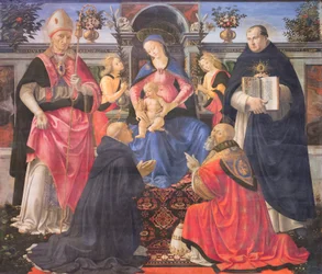 Madonna na tronie z dwoma aniołami, świętymi i papieżem Klemensem