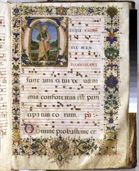 Ms 540 f.3r Strona z historyzowanym inicjałem "M" przedstawiającym św. Andrzeja, z księgi chóru z San Marco e Cenacoli (vellum)