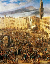 Piazza del Mercato w Neapolu, fragment buntu Masaniello, obraz Domenico Gargiulo znanego jako Micco Spadaro (1609 lub 1610 - ok. 1675 r.).