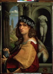 ""Portret młodego mężczyzny lub autoportret"" (Portret mężczyzny lub autoportret) Obraz Domenico di Bernardo Capriolo (Caprioli) (1494-1528) 1512 Wymiary 117x85 cm Muzeum Ermitażu, Sankt Petersburg (Saint- Petersburg) Petersburg)