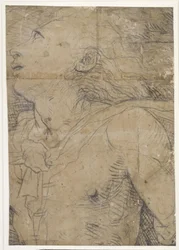 Młody mężczyzna spoglądający w górę (półpostacie), fragment kartonu
