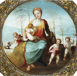 Beccafumi - Charytatywna ssąca dziecko w otoczeniu trojga dzieci bawiących się z psem i konikami, ok. 1525 r. (wykadrowany)