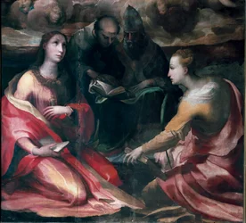 Chrystus koronujący Matkę Boską i Czterech Świętych, detal: Św. Maria Magdalena, Św. Antoni Padewski (san antonio di padova), Papież Św. Grzegorz I lub Wielka i Św. Katarzyna Aleksandryjska. Obraz Domenico Beccafumi (1486-1551)