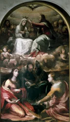 Chrystus koronujący Matkę Boską i czterech Świętych (św. Marię Magdalenę, św. Antoniego Padewskiego (San antonio di padova), papieża św. Grzegorza I lub Wielką i św. Katarzynę Aleksandryjską). Obraz Domenico Beccafumi (1486-1551)