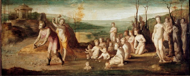 Deukalion i Pyrra. Postacie z mitologii greckiej rzucające kamieniami, które rodzą ludzi po potopie. Obraz Domenico Beccafumi (1486-1551), około 1525-1530. drewno. Wymiary: 53x134cm. Włochy, Florencja, Fundacja Horne (Firenze, Fondazione H