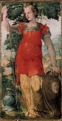 Postać kobieca, być może Minerwa. Obraz Domenico Beccafumi (1486-1551).