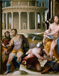 Fryzja: ofiara króla Aten Codros, szczegół. Mitologia grecka: Codros (lub Codrus) dowiaduje się od wyroczni, że przewagę wojny między Dorami i Ateńczykami będą mieli ci, których przywódca zostanie zabity, dobrowolnie pożarty