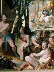 Fryzja: ofiara króla Aten Codros, szczegół. Mitologia grecka: Codros (lub Codrus) dowiaduje się od wyroczni, że przewagę wojny między Dorami i Ateńczykami będą mieli ci, których przywódca zostanie zabity, dobrowolnie pożarty