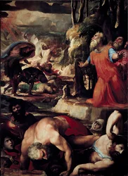 Kara rdzenia (Kore), Datan (Datan, Natan) i Aboron (Abiram) (Kara niebiańskiego ognia, epizod buntu Lewitów przeciwko Mojżeszowi i władzy Prawa). Obraz Domenico Beccafumi (1486-1551)