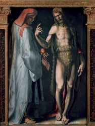 Tryptyk Trójcy, Szczegół lewy panel: Św. Cosimo (Przyjdź lub Cosimo) i Św. Jan Chrzciciel. Obraz Domenico Beccafumi (1486-1551)