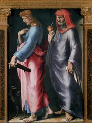 Tryptyk Trójcy, Szczegół prawy panel (św. Jan Ewangelista i św. Damien). Obraz Domenico Beccafumi (1486-1551)