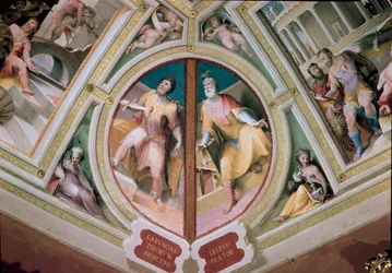 grecki ustawodawca Charondas (VII w. p.n.e.) wbijający miecz w klatkę piersiową i „”Rzymski pretor Celius””” Fresk Domenico Beccafumi (1486-1551)