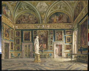 Sala Iliady (Galeria Palatyńska) Pałacu Pitti we Florencji (Włochy) (Sala Iliady w Pałacu Pitti we Florencji). Obraz Domenico Caligo (?-1880), olej na płótnie. Sztuka włoska, II poł. XIX w., neoklasycyzm. Stan He
