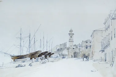 Widok broni w Taggia, ok. 1860 r., autorstwa Pasquale Domenico Cambiaso (1811-1894), Włochy Ołówek i akwarela.