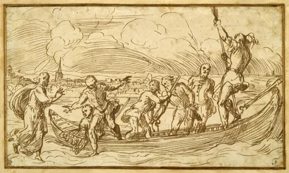 Chrystus i św. Piotr chodzą po wodzie (pióro i brązowy atrament na papierze)
