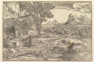 Pejzaż ze św. Hieronima po lewej stronie w kierunku lwa i niedźwiedzia walczących w cent..., ok. godz. 1530-35.
