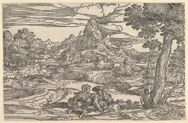 Krajobraz z kobietą siedzącą obok mężczyzny grającego na lirze korbowej, ca. 1540.