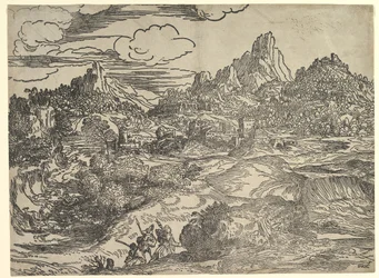 Na pierwszym planie pejzaż z rodziną idącą razem, po lewej dwie postacie z ..., ca. 1535-40.