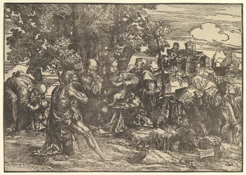 Maria siedząca pod drzewami z dzieckiem, otoczona przez Józefa po lewej i św. Hieronima po prawej, św..., 1517.