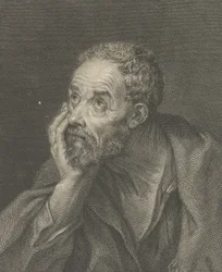 Stary brodaty mężczyzna opierający głowę na prawej ręce i patrzący w górę w lewo, na rufie..., 1775.