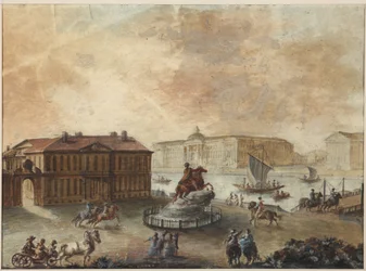 Konny pomnik Piotra Wielkiego na Placu Senackim (place de Senat, place des decembristes ouplace de Pierre) - Domenico Felice Lamoni (1745-1830). Akwarela i biały kolor na papierze, po 1782 r. Państwowe Muzeum Historii Sankt Petersburga