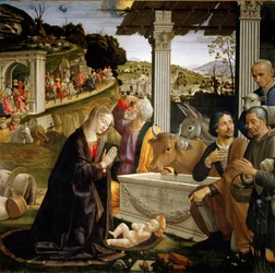 Adoracja pasterzy Obraz Domenico Ghirlandaio (1449-1494) 1483-1485 niedz 167x167 cm Capella Sassetti, Santa Trinita, Florencja