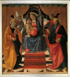 Święta rozmowa. Matka Boska i Jezus Chrystus w otoczeniu św. Piotra, św. Pawła, św. Sebastiana i papieża św. Klemensa (obraz