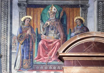 Św. Zenobiusz, biskup i opiekun Florencji, pomiędzy świętymi Eugeniuszem i Crescenzio i Marzocco, lew, symbol miasta autorstwa Domenico Ghirlandaio (1449-1494), fresk, detal, Palazzo Vecchio, Sala Lilii (Sala dei Gigli), Florencja