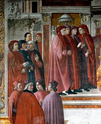 Ogłoszenie w Zachariaszu (Zaccharia) Poniżej po lewej stronie znajdują się myśliciele i intelektualiści Marsile Ficin (Ficino), Cristoforo Landino, Angelo Poliziano i Demetrios Chalkondyles (Calcondila). Szczegół. Fresk Domenico di Tommaso Bigordi dit Ghir