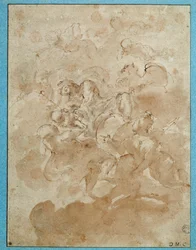 Jupiter powierza Bacchusowi Mercure Drawing z brązową plamą i krwią autorstwa Domenico Canuti (1620-1684) Paryż. Muzeum w Luwrze