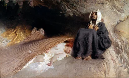 Kuszenie świętego Antoniego. Pustelnik święty Antoni Wielki (251-356) poddawany jest na pustyni pokusom diabła w postaci młodych kobiet. Obraz Domenica Morellego (1826-1901), 137 x 225 cm, Rzym, Galleria d