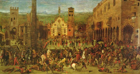 Wypędzenie Bonacolsich przez Louisa Gonzagę w 1328 r. na Piazza Sordello w Mantui