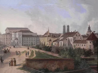 niemiecki: Die Königliche Residenz von Nordosten im Jahr 1827 Rezydencja królewska w Monachium od północnego wschodu w 1827 r.