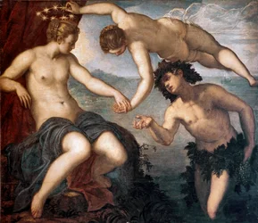 Bachus, Wenus i Ariadna. Obraz Tintoretta lub Tintoretta (Jacopo Robusti) (1518-1594), 1577-1580. 146 x 167 cm. Sufit Anticollegio, Pałac Dożów, Wenecja