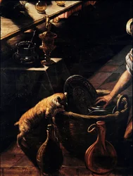 Ostatnia wieczerza (La cene) Fragment szukającego w koszu kota. Obraz Jacopo Robustiego zwany Tintoret (Tintoretto) (1518-1594) 1592-1594 Nd. 365x568 cm Wenecja, kościół San Giorgio