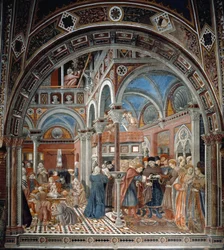 Widok na sierociniec Santa Maria della Scala w Sienie Po lewej nianie opiekują się porzuconymi dziećmi, po prawej kobieta w ciąży zmuszona do zamążpójścia. Fresk Domenico di Bartolo (aktywny w latach 1428-1447) Spedale di Santa Maria del
