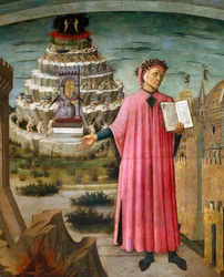 Dante Alighieri trzyma swój poemat Boska komedia. Obok niego piekło i miasto Florencja, w tle czyściec i raj