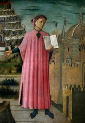 Włoski poeta Dante Alighieri (1265-1321) przedstawia swoje dzieło Boska komedia (La divina commedia). Fragment. Fresk Domenica di Michelino (1417-1491), katedra Santa Maria del Fiore, Florencja. (Duomo, Florencja), Włochy
