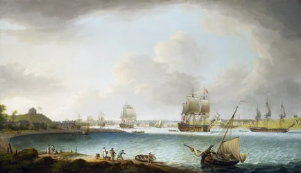 Eskadra okrętów brytyjskiej Królewskiej Marynarki Wojennej w Plymouth, Anglia. Olej na płótnie