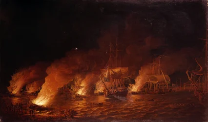Wojna siedmioletnia (1756-1763): Francuskie okręty wojenne atakujące brytyjską flotę u wybrzeży Quebec City (Kanada) w nocy, 28 czerwca 1759 r. Olej na płótnie
