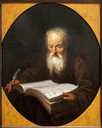 Mnich czytający, piórko w dłoni. Obraz Domenicus Van Tol (1635-1676), olej na płótnie, Gerrit Dou (1613-1675). Sztuka flamandzka