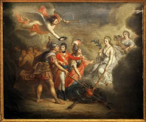 Pokój w Amiens. Traktat podpisany 25 marca 1802 między Zjednoczonym Królestwem i jego sojusznikami, Imperium Osmańskim, z jednej strony, a Francją, Hiszpanią i Holandią z drugiej. Obraz przedstawia Napoleona I Bonapartego, koronowanego przez anioła