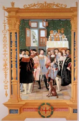Etienne Leblanc (1490-1565) przedstawia Anne de Montmorency (1493-1567) swoje tłumaczenie przemówienia Cycerona (1531) - Kopia frontyspisu zachowana w Petersburgu (Rosja), gwasz Dominique Henri Guifard (1838-1913) , koniec XIX wieku - C