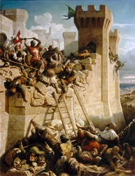 Guillaume de Clermont broniący murów podczas oblężenia Akki, 1291