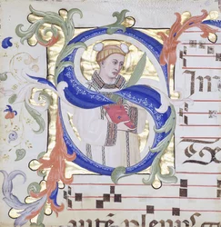 Bardzo duży historyczny inicjał „S”, przedstawiający św. Szczepana, ok. 1350-1400 (kolorowe tusze i płatki złota na welinie)