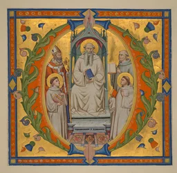Add. 37472 f.3: Wycinek z graduału, z inicjałem historyzowanym „O”; Romauld na tronie ze świętym biskupem (prawdopodobnie Augustynem) oraz świętymi mnichami Janem Gwalbertem (u góry po prawej), Maurusem i Placidusem w habitach kamedulskich, ok. 1371-74