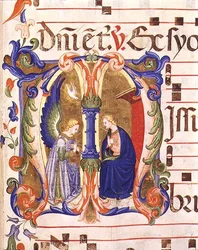 Ms 572 f.147r Historyczny inicjał „M” przedstawiający Zwiastowanie z antyfony z Santa Maria del Carmine we Florencji (welum)