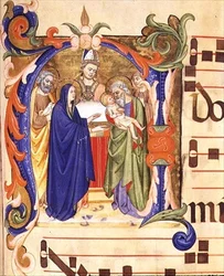 Ms 572 f.88r Historyczny inicjał „N” przedstawiający Ofiarowanie w Świątyni z antyfony z Santa Maria del Carmine we Florencji (welum)