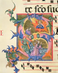 Ms 572 f.32v Historyczny inicjał „S” przedstawiający ukamienowanie św
